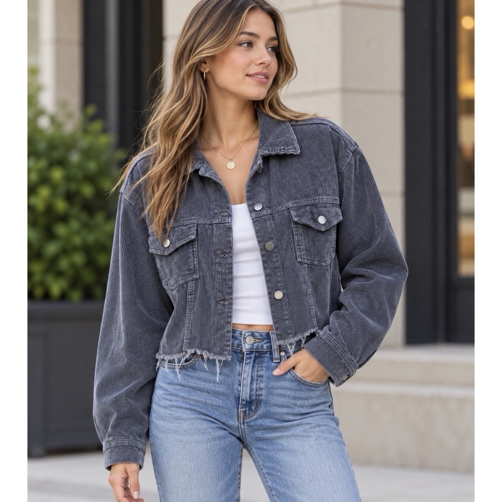Pol Corduroy Jacket Women's Small Gray Trucker Boho Western Front Raw Hem Cotton